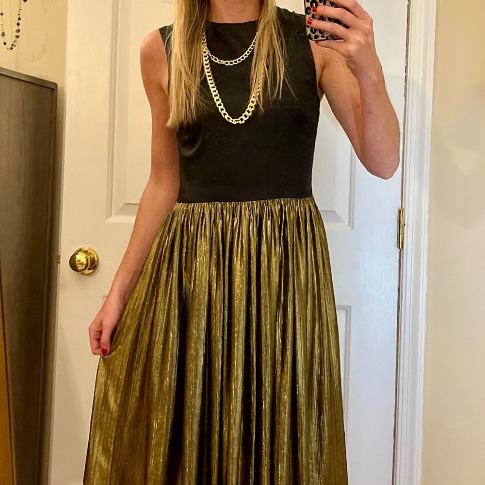 Renvy Pleat Skirt Fit & Flare Dress | Black & Gold | XS